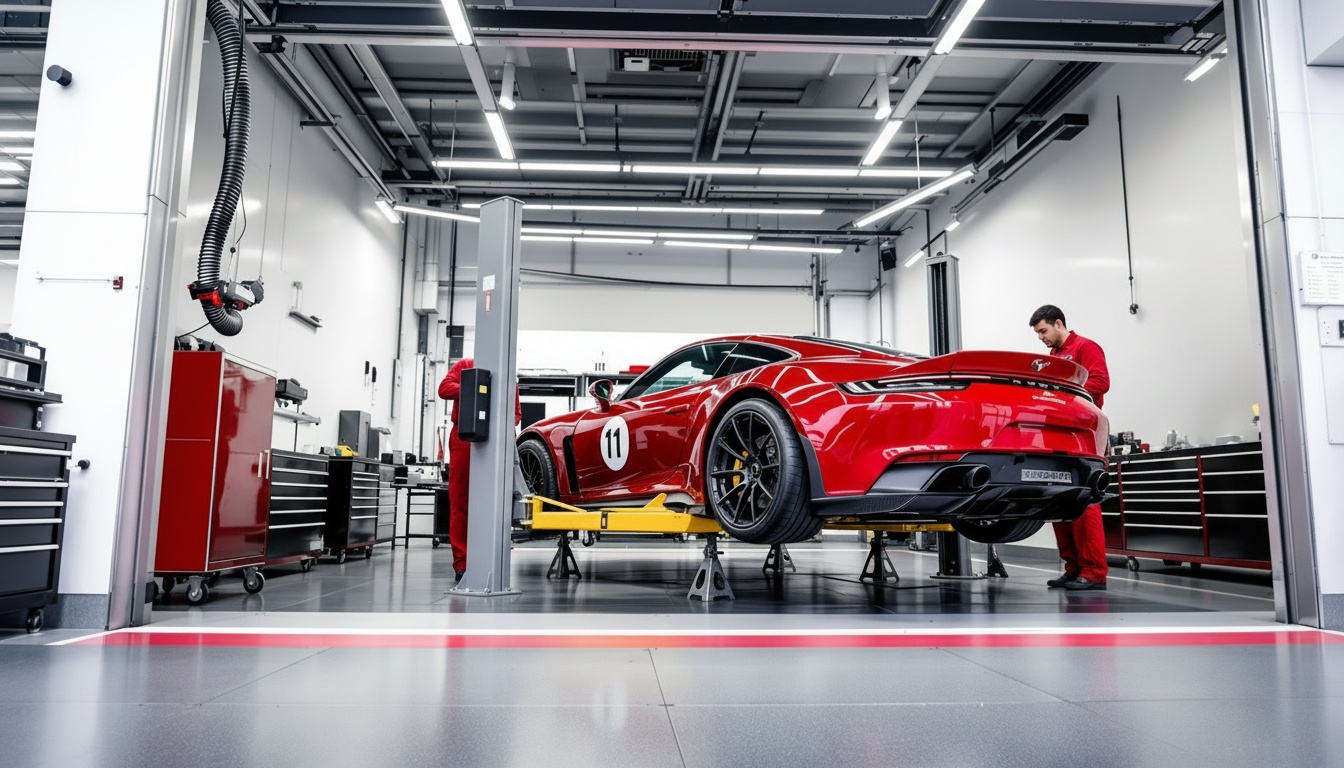 Motorsport garage pit box with sports car on lift